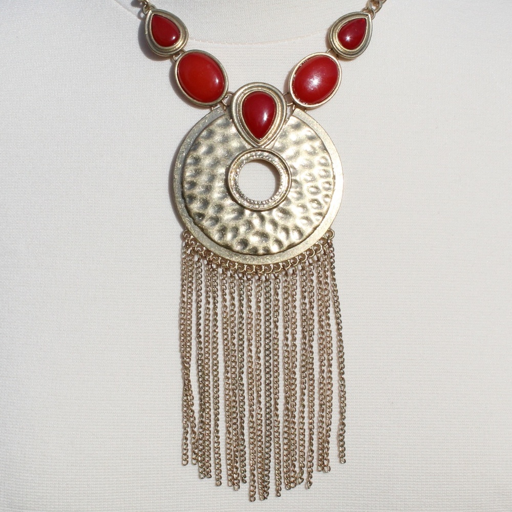 Red Nepalese Metallic & Stone Necklace